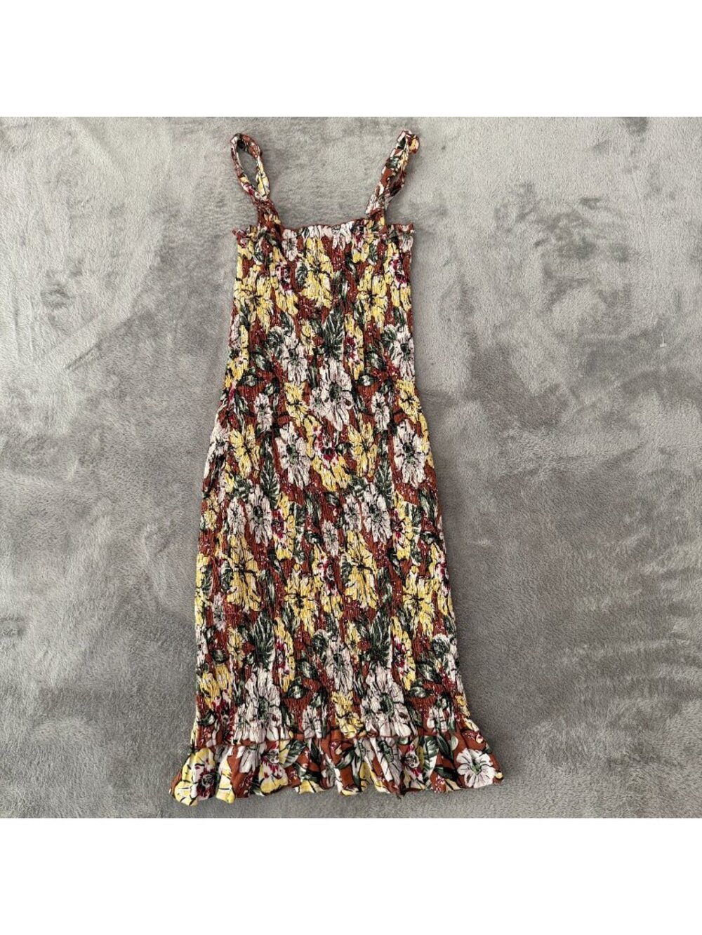 Faithfull The Brand 100% Linen Smocked Midi Dress Womens 4 Brown Floral